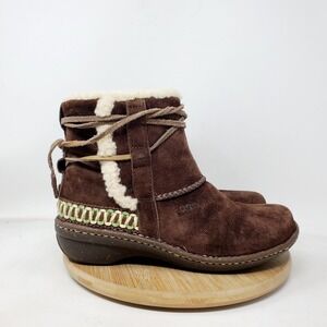 UGG Boots Womens 7 Cove Dark Brown Suede Shearling Lace Wrap Tie Boho Shoes